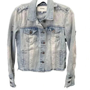 Pistola Women's Blue Denim Jacket Light Wash Distressed Raw Hem Cropped Size XS